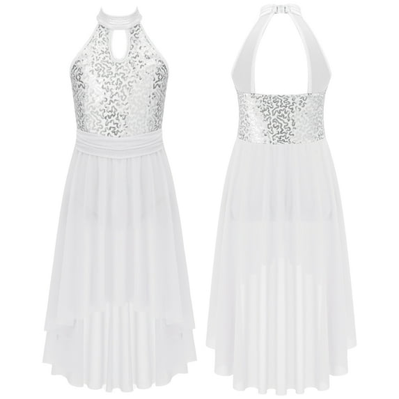 Aislor Girls Halter Neck Lyrical Dance Dress Sleeveless Shinny Sequin Irregular Skirt Prom Pageant Formal Party Gown White 10