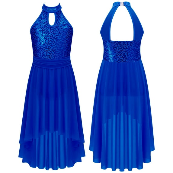Aislor Kids Girls Lyrical Dance Dress Sleeveless Irregular Hem Mesh Dress Latin Jazz Modern Contemporary Dance Costume