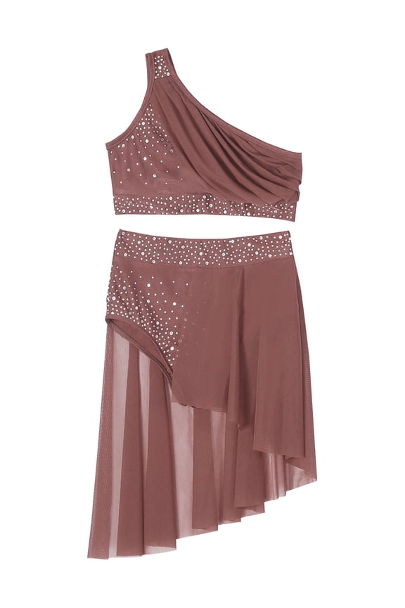 Girls Lyrical Dance Costumes Shiny Rhinestones Crop Top with Skirted Leotard 2-Piece Ballet Dance Outfits Dusty Pink 8