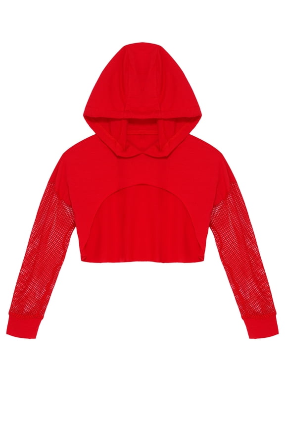 Kids Girls Mesh Long Sleeve Drawstring Hooded Crop Top for Hip Hop Jazz Dance Costume Red 10
