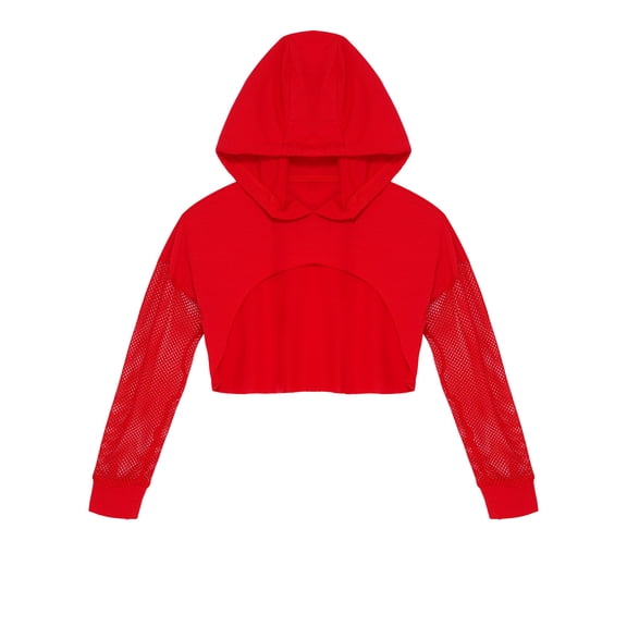 Aislor Kids Girls Mesh Long Sleeve Drawstring Hooded Crop Top for Hip Hop Jazz Dance Costume Red 6