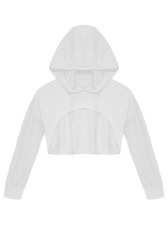 Kids Girls Mesh Long Sleeve Drawstring Hooded Crop Top for Hip Hop Jazz Dance Costume White 12