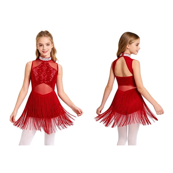 Aislor Girls Mesh Splice Rhinestone Sleeveless Tassel Dress Samba Jazz Tap Modern Latin Salsa Dancewear Burgundy 8