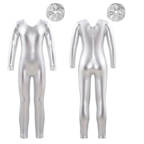 Aislor Kids Girls Metallic Shiny Long Sleeve Leotards Gymnastic Jumpsuit with Hair Scrunchie for Yoga Sports Dancewear A Silver 14