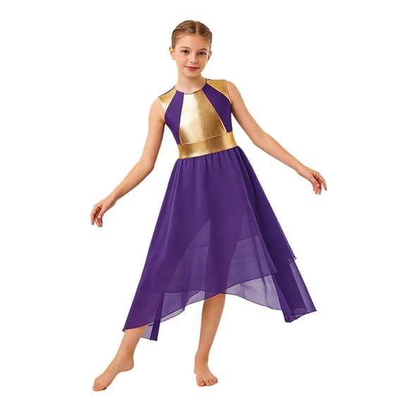 Aislor Girls Praise Dance Liturgical Worship Lyrical Dress Shiny Metallic Asymmetrical Chiffon Celebration Purple 10