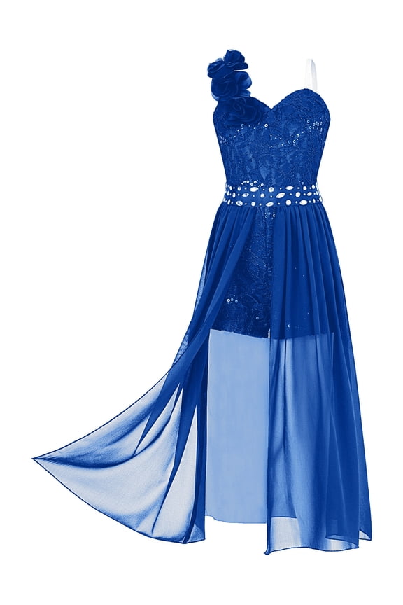 Kids Girls One Shoulder Long Romper Floral Lace Shiny Sequin Dance Dress Navy Blue 12