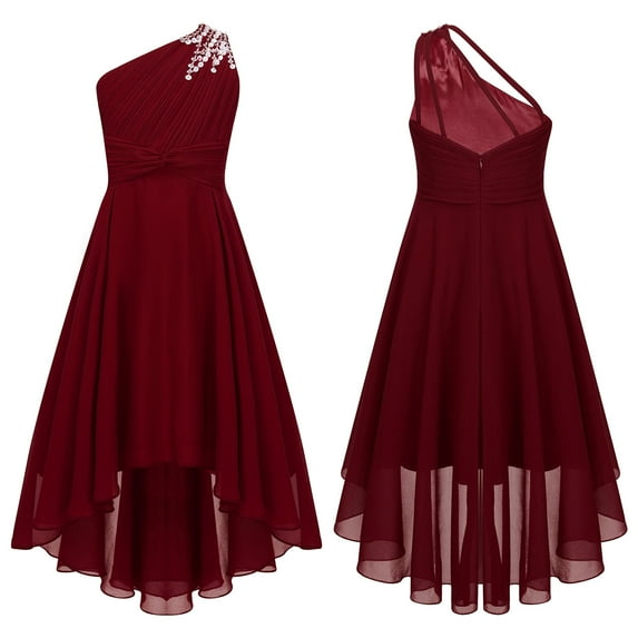 Aislor Kids Girls One Shoulder Sequin Flower Girls Pageant Princess Dress 6-16 Burgundy 10