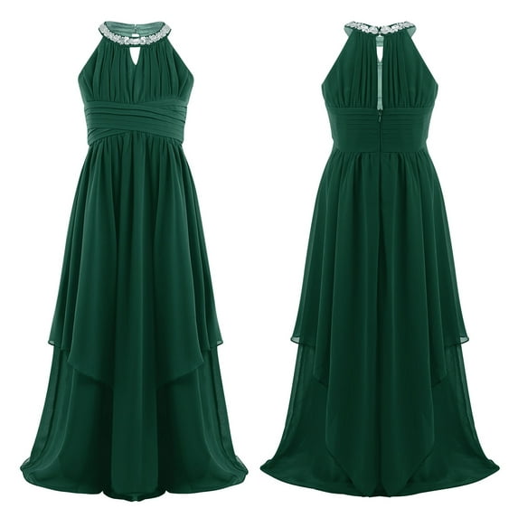Aislor Kids Girls Pleated Chiffon Sleeveless Wedding Flower Girls Long Dress Junior Bridesmaid Party Dress Army Green 8