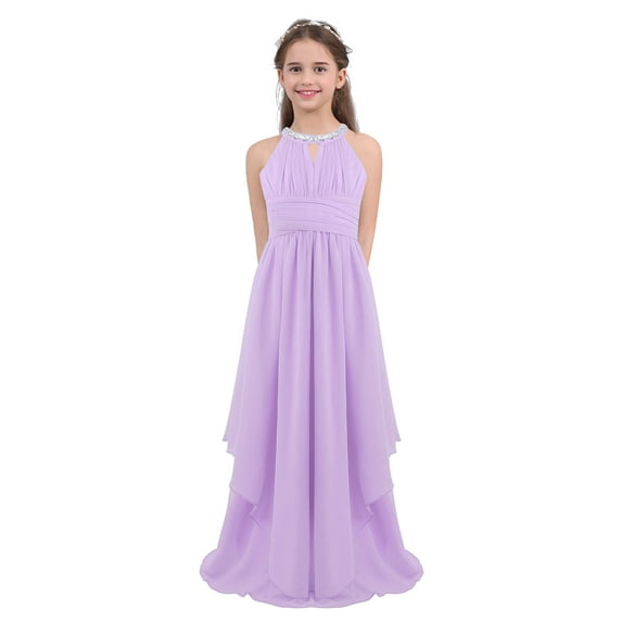 Aislor Kids Girls Pleated Chiffon Sleeveless Wedding Flower Girls Long Dress Junior Bridesmaid Party Dress Lavender 6