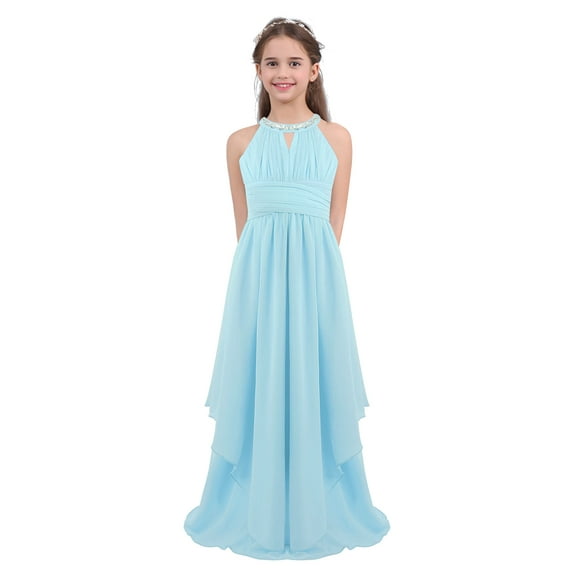 Aislor Kids Girls Pleated Chiffon Sleeveless Wedding Flower Girls Long Dress Junior Bridesmaid Party Dress Light Blue 16