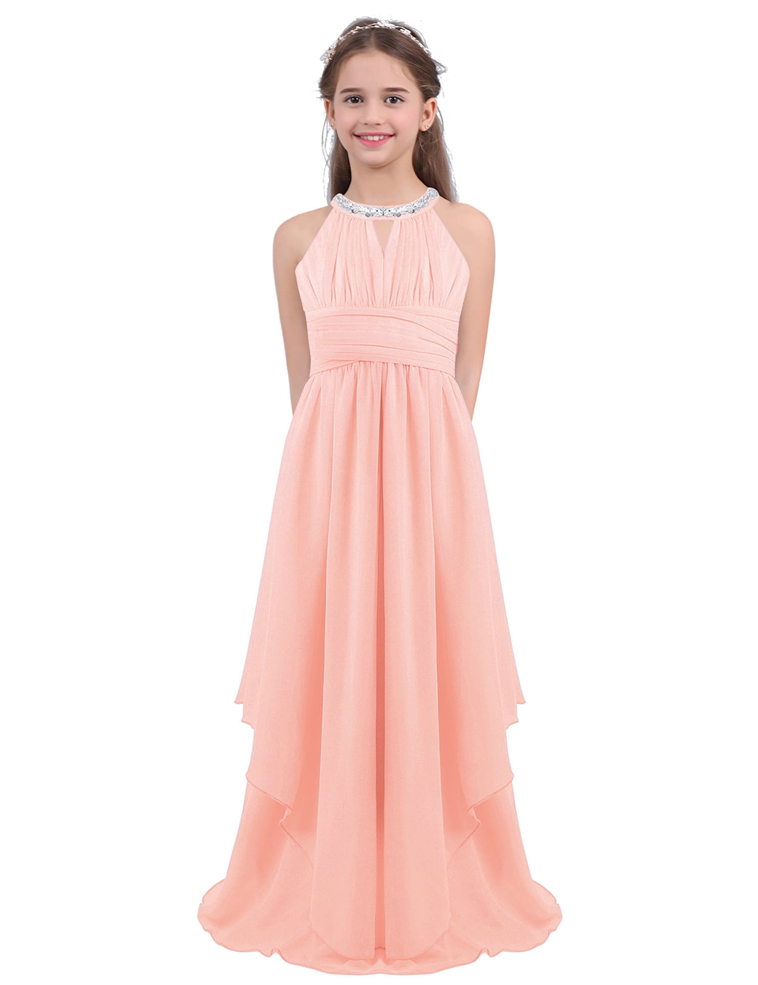 Aislor Kids Girls Pleated Chiffon Sleeveless Wedding Flower Girls Long Dress Junior Bridesmaid Party Dress Light Pink 16