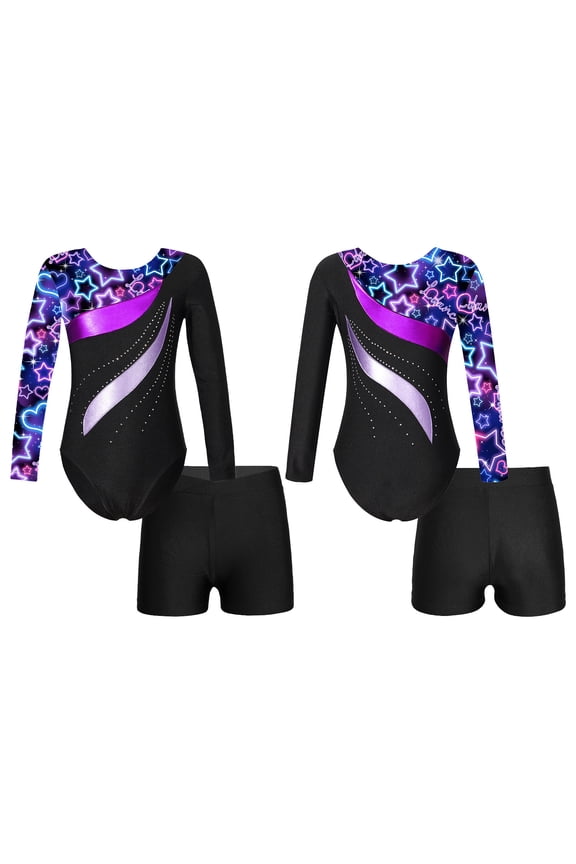 Kids Girls Print Rhinestone Rashguard Sets Swimsuit 2 Pcs Dance Gymnastic Leotard with Short 4-14 A Starry Black 6