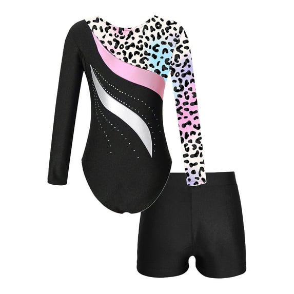 Aislor Kids Girls Print Rhinestone Rashguard Sets Swimsuit 2 Pcs Dance Gymnastic Leotard with Short 4-14 Leopard 12