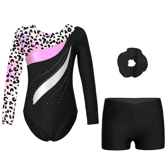 Aislor Kids Girls Printed Patchwork Long Sleeve Gymnastic Leotard Biketard Unitard with Shorts Hair Leopard 6