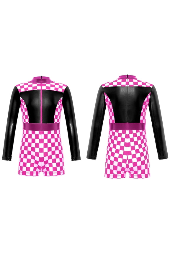 Kids Girls Race Car Driver Halloween Costume Long Sleeve Color Block Zipper Unitard Jumpsuit Size 4-14 Black 8
