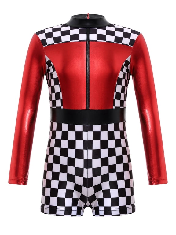 Kids Girls Race Car Driver Halloween Costume Long Sleeve Color Block Zipper Unitard Jumpsuit Size 4-14 Red 10