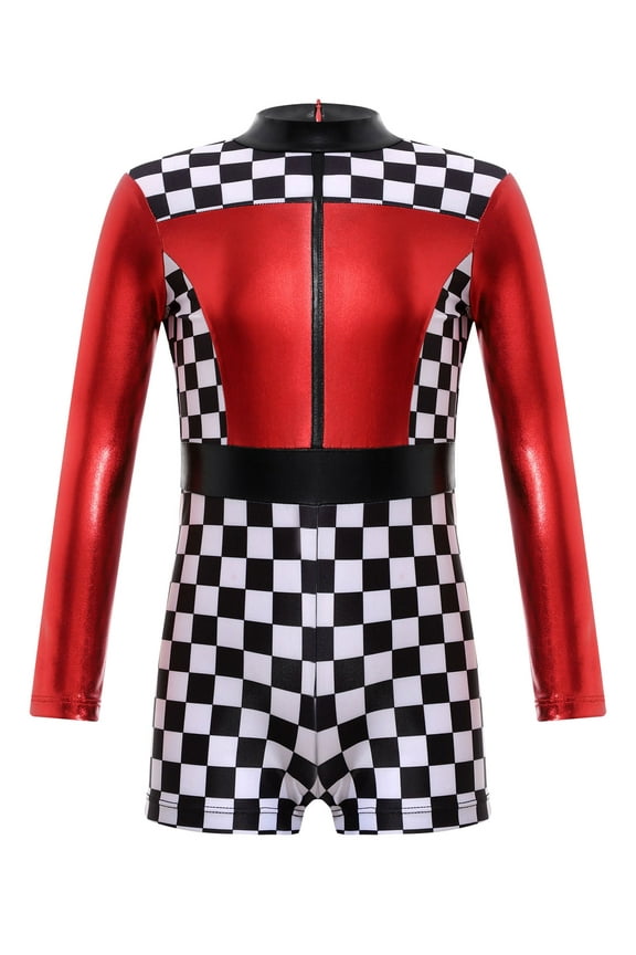 Kids Girls Race Car Driver Halloween Costume Long Sleeve Color Block Zipper Unitard Jumpsuit Size 4-14 Red 6