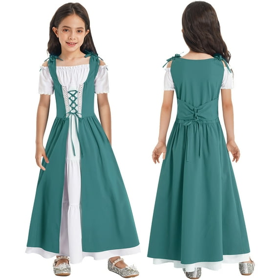 Aislor Kids Girls Renaissance Ball Gown Gothic Medieval Costume Maxi Dress Halloween Cosplay Age 6-16 Green 8