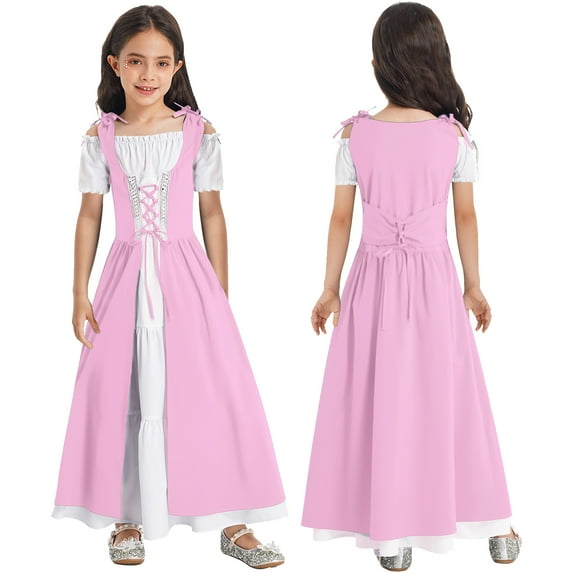 Aislor Kids Girls Renaissance Ball Gown Gothic Medieval Costume Maxi Dress Halloween Cosplay Age 6-16 Pink 14