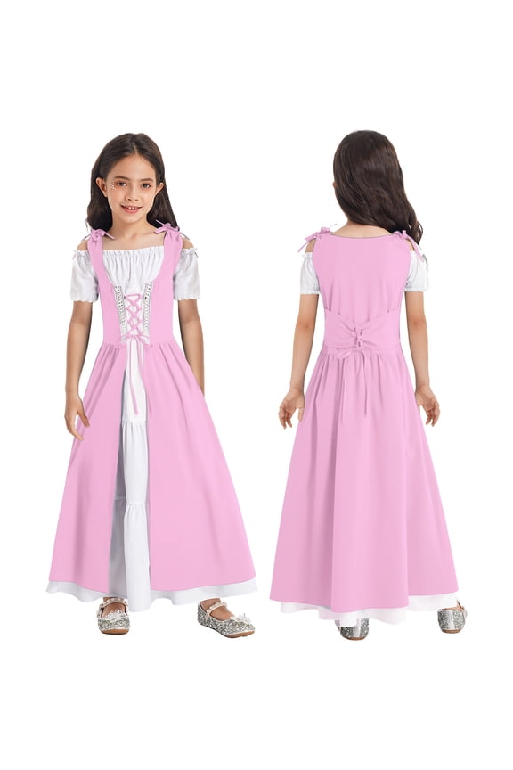 Kids Girls Renaissance Ball Gown Gothic Medieval Costume Maxi Dress Halloween Cosplay Age 6-16 Pink 16