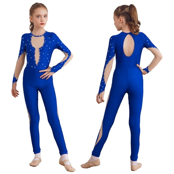 Aislor Kids Girls Rhinestone Long Sleeve Gymnastics Leotard Figure Ice Skating Jumpsuit Full Body Bodysuit Unitard Size 6-16 A Royal Blue 14