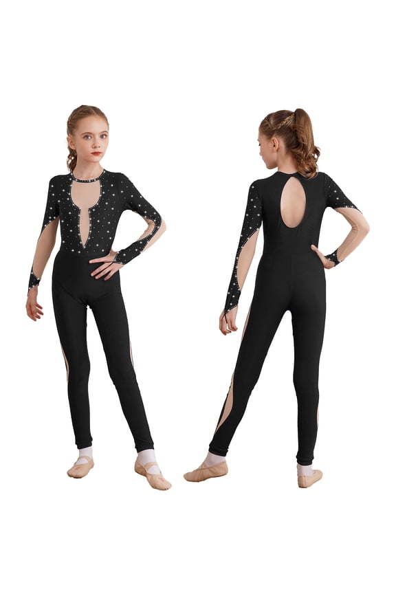 Kids Girls Rhinestone Long Sleeve Gymnastics Leotard Figure Ice Skating Jumpsuit Full Body Bodysuit Unitard Size 6-16 Black 14