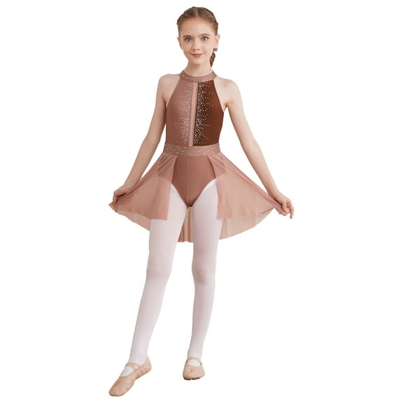 Aislor Kids Girls Rhinestone Sleeveless Figure Ice Skating Halter Dress Ballet Dance Gymnastic Tutu Leotard Costume Size 6-16 Coffee 6