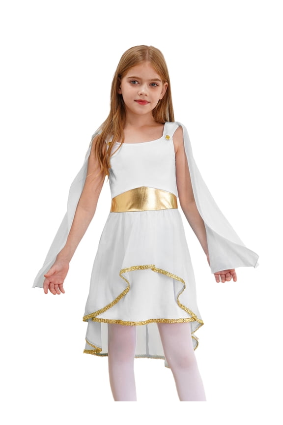 Kids Girls Roman Hero Queen Ruffles Shoulder Short A Line Tutu Dress Ballroom Dancewear White 14