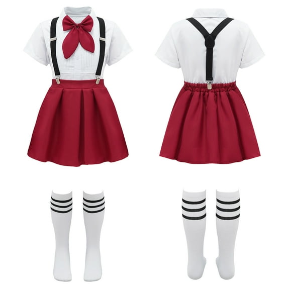 Aislor Kids Girls School Uniform Long/Short Sleeve Shirt and Suspender Pleated Skirt Sets Sock Costume 3-16 A Type B Burgundy 13-14