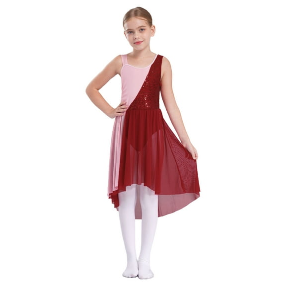 Aislor Kids Girls Sequin Sparkly Contemporary Lyrical Ballet Dance Irregular Tutu Dress Burgundy 12