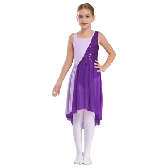 Aislor Kids Girls Sequin Sparkly Contemporary Lyrical Ballet Dance Irregular Tutu Dress Purple 10