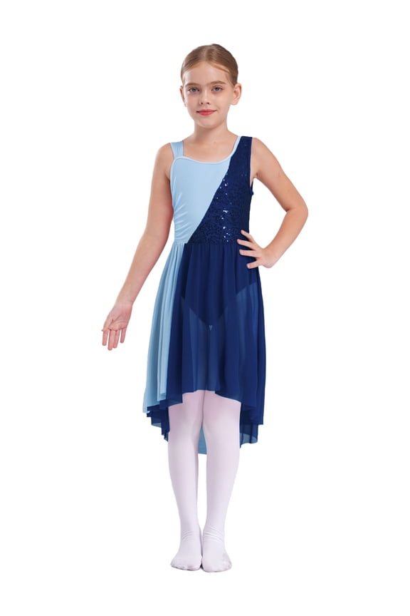 Kids Girls Sequin Sparkly Contemporary Lyrical Ballet Dance Irregular Tutu Dress
