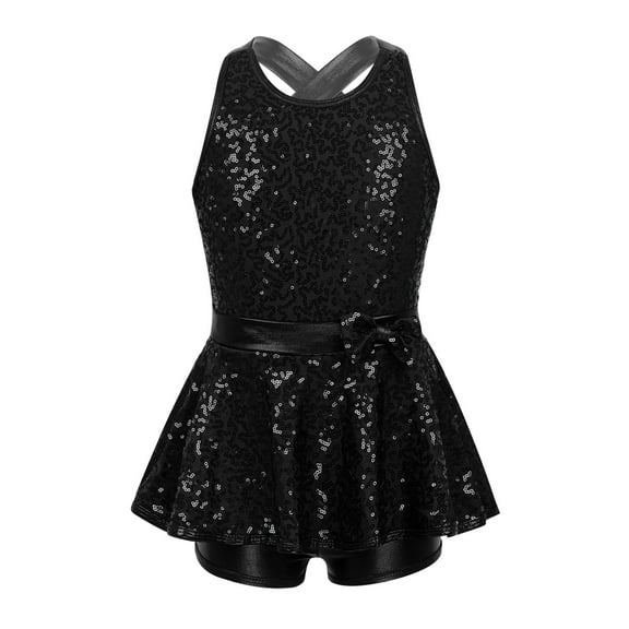 Aislor Kids Girls Sequined Hip Hop Dance Dress Criss Cross Back Ballet Gymnastics One Piece