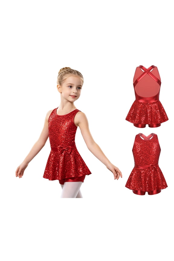 Girls Sequined Hip Hop Dance Dress Criss Cross Back Ballet Gymnastics One Piece Red 6