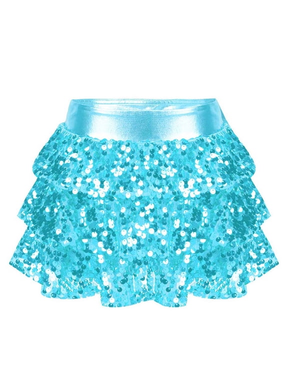 Kids Girls Sequined Metallic Mini Ballet Hip Hop Jazz Dance Skirt Dancer Performance Size 4-16 Light Blue 8