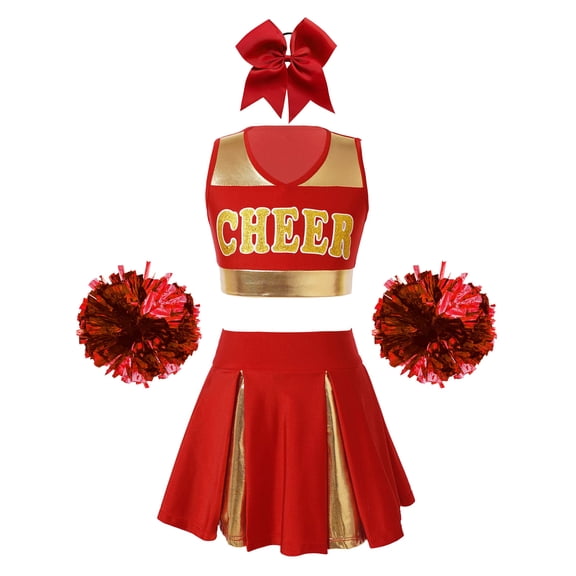 Aislor Kids Girls Sequins Crop Top with Pleated Mini Skirt for Cheerleading Dancing Performance Size 6-16 A Red 14