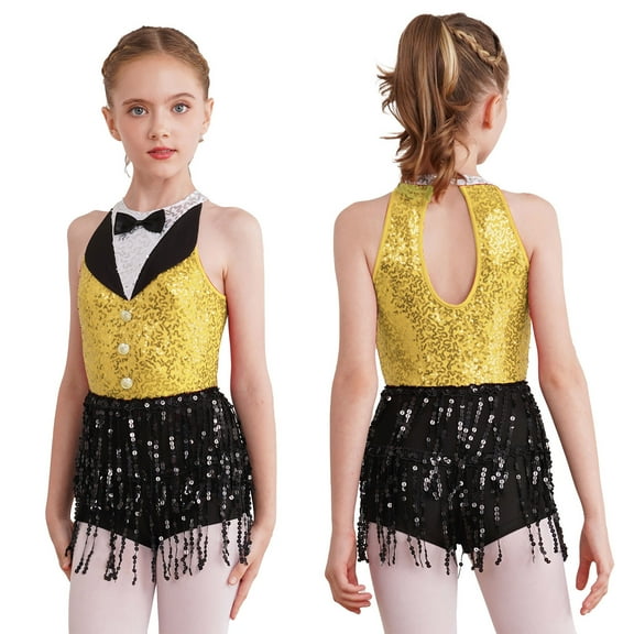 Aislor Kids Girls' Sequins Latin Jazz Dance Costume Tassel Tuxedo Modern Dance Leotard Jumpsuit A Yellow 12