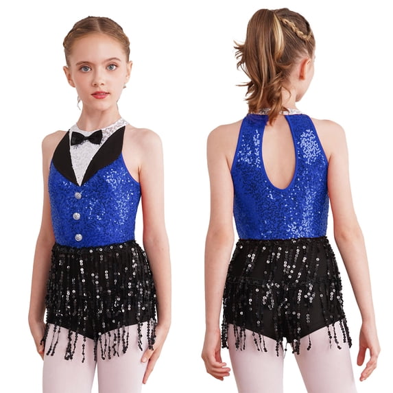 Aislor Kids Girls' Sequins Latin Jazz Dance Costume Tassel Tuxedo Modern Dance Leotard Jumpsuit Blue 14