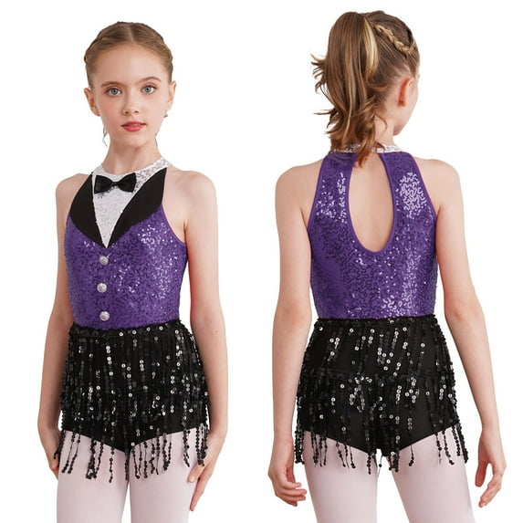 Aislor Kids Girls' Sequins Latin Jazz Dance Costume Tassel Tuxedo Modern Dance Leotard Jumpsuit Purple 16