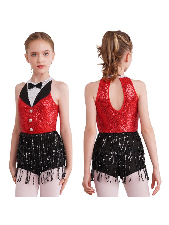 Kids Girls' Sequins Latin Jazz Dance Costume Tassel Tuxedo Modern Dance Leotard Jumpsuit Red 6