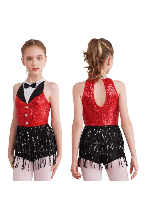 Kids Girls' Sequins Latin Jazz Dance Costume Tassel Tuxedo Modern Dance Leotard Jumpsuit Red 6