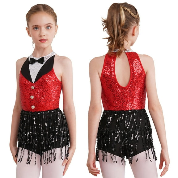 Aislor Kids Girls' Sequins Latin Jazz Dance Costume Tassel Tuxedo Modern Dance Leotard Jumpsuit Red 8