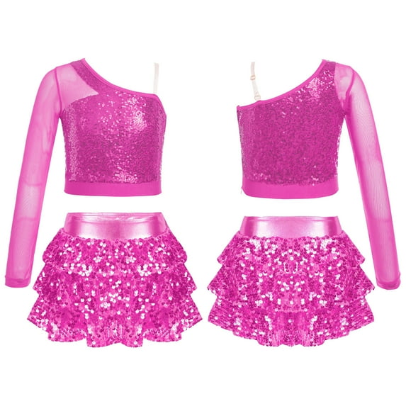 Aislor Kids Girls Sequins Mesh Long Sleeve One Shoulder Ballet Hip Hop Dance Crop Top with Ruffle Skirt Hot Pink 12