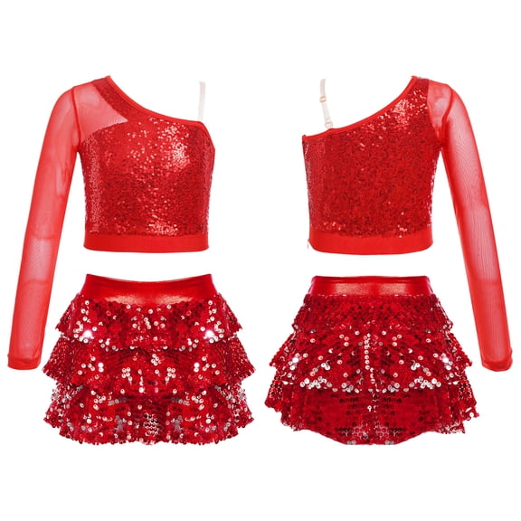 Aislor Kids Girls Sequins Mesh Long Sleeve One Shoulder Ballet Hip Hop Dance Crop Top with Ruffle Skirt Red 12