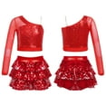 thumbnail image 1 of Aislor Kids Girls Sequins Mesh Long Sleeve One Shoulder Ballet Hip Hop Dance Crop Top with Ruffle Skirt Red 8, 1 of 7