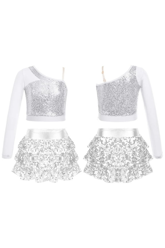 Kids Girls Sequins Mesh Long Sleeve One Shoulder Ballet Hip Hop Dance Crop Top with Ruffle Skirt Silver 12