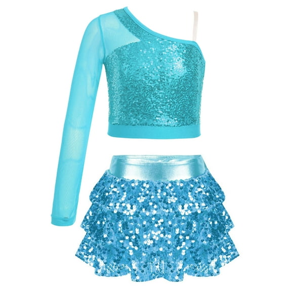 Aislor Kids Girls Sequins Mesh Long Sleeve One Shoulder Ballet Jazz Latin Hip Hop Dance Crop Top with Ruffle Skirt Light Blue 10
