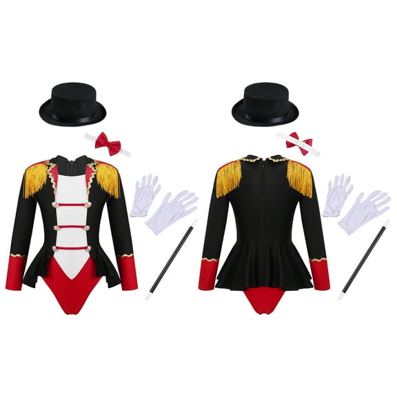 Aislor Girls Sequins Circus Ringmaster Costume Long Sleeve Skirted Leotard with Hat Magician Stage Performance Outfit Black 14