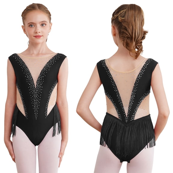 Aislor Kids Girls Shiny Ballet Latin Dance Leotards Bodysuit Tassel Sheer Mesh Skating Dress Performance Costume Black 10