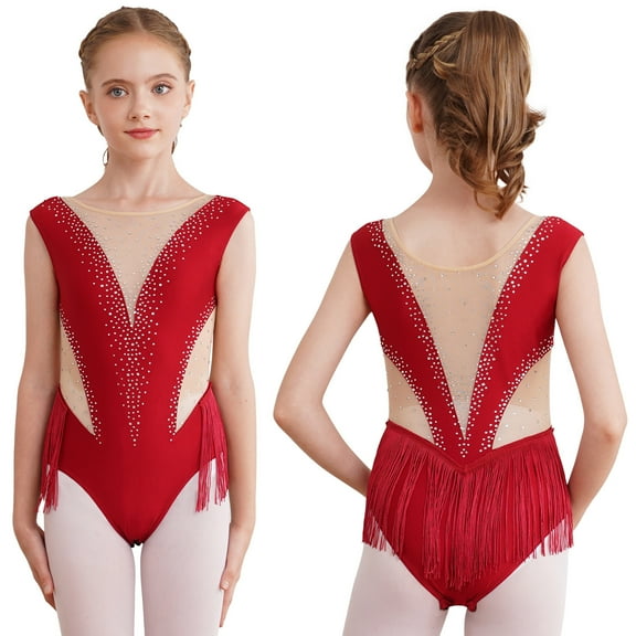 Aislor Kids Girls Shiny Ballet Latin Dance Leotards Bodysuit Tassel Sheer Mesh Skating Dress Performance Costume Burgundy 8
